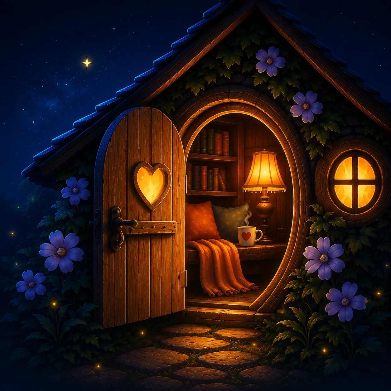 A warmly lit magical cottage beneath a starry night sky