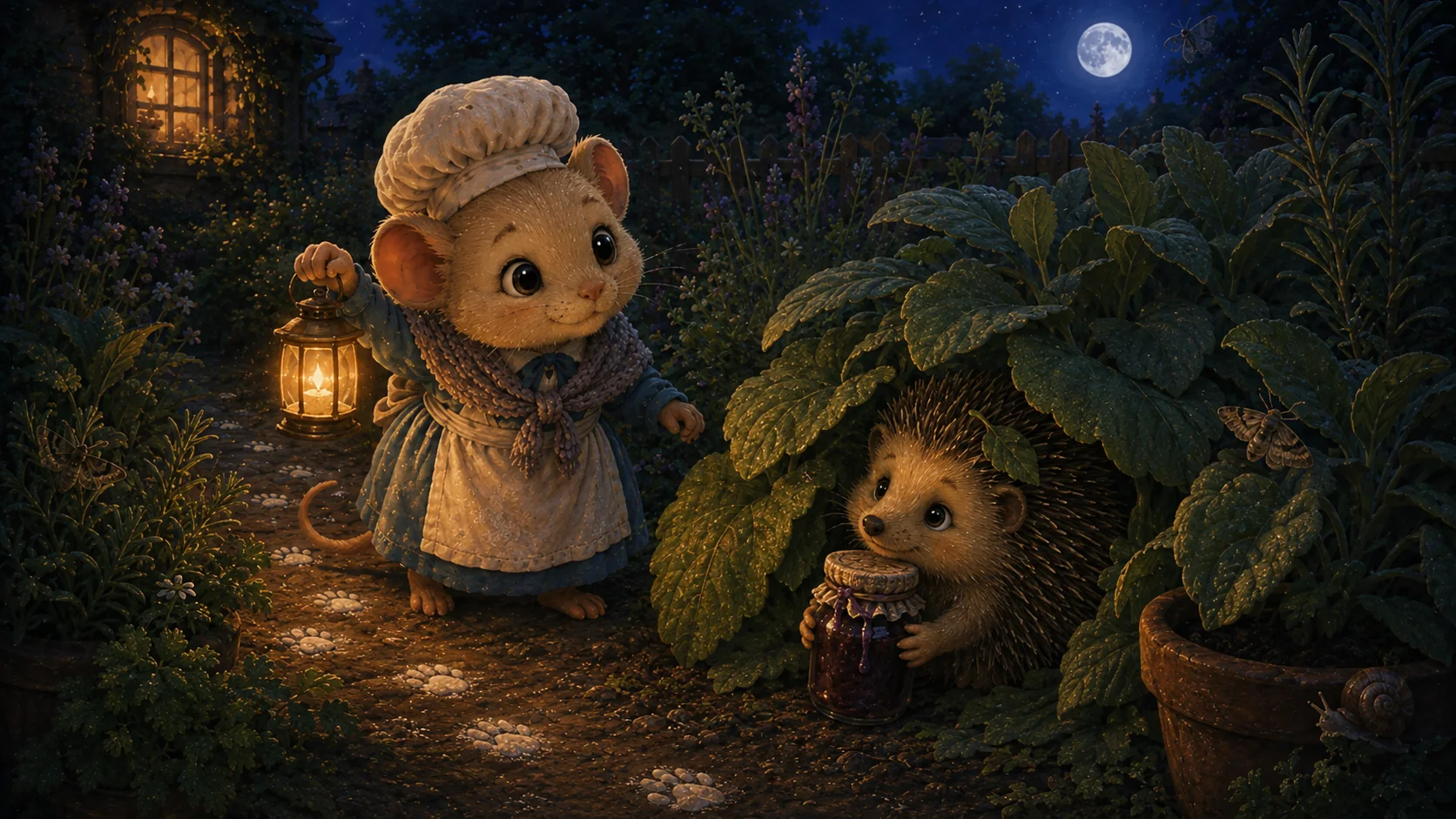 Mallow the dormouse and Pip the hedgehog together in a moonlit garden
