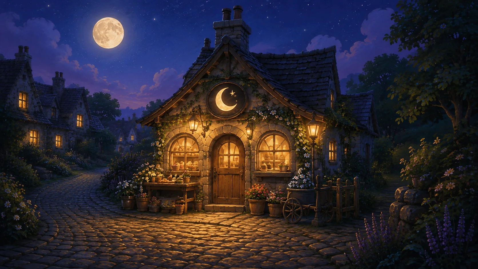 The Moonrise Bakery glowing warmly beneath the moon